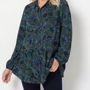 LOGO by Lori Goldstein Navy & Green Ruffle Tunic Blouse Sz XL